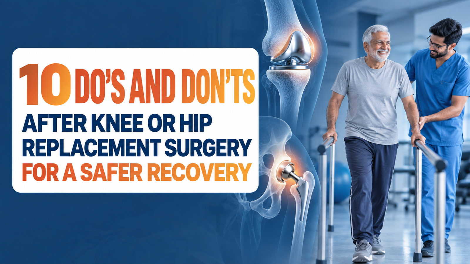 Joint replacement surgery is followed by an important period of healing and rehabilitation. Patients frequently search for precautions after knee replacement, precautions after hip replacement and what not to do after joint replacement surgery. While individual instructions vary according to the patient and procedure, several broad principles can help patients understand how postoperative recovery is approached. Here are 10 important do's and don'ts after knee or hip replacement surgery. 1. DO Follow Your Rehabilitation Plan Physiotherapy is an important part of joint replacement recovery. Patients should perform exercises according to the programme recommended by their surgeon and physiotherapist. Consistency is usually more useful than trying to progress too aggressively. 2. DON'T Compare Your Recovery With Someone Else One patient may walk independently earlier. Another may require more time. Age, strength, medical conditions, type of surgery and preoperative mobility can all affect recovery. Someone else's timeline should never become the benchmark for your own. 3. DO Keep Moving as Recommended Remaining completely inactive because of fear can contribute to weakness and stiffness. Patients should follow the recommended mobilisation programme, which may include short walks and prescribed exercises. The amount of activity should increase gradually. 4. DON'T Suddenly Overdo Physical Activity Feeling better does not mean the body has completed healing. A sudden increase in walking, exercise or household activity may lead to unnecessary discomfort or swelling. Progress should be gradual. 5. DO Take Wound Care Seriously Patients should follow their healthcare team's instructions regarding dressing, bathing and wound care. Any concerning changes around the surgical wound should be reported promptly. Patients should not apply creams, powders or home remedies to the surgical site unless specifically advised. 6. DON'T Ignore Unusual Symptoms Certain symptoms during recovery require medical attention. Patients should contact their healthcare team if they develop concerning or worsening symptoms, particularly those their surgeon has instructed them to watch for. Searching online should not replace contacting the treating team when something does not feel right. 7. DO Follow Medication Instructions Medicines prescribed after surgery may have different purposes, including pain management and other aspects of postoperative care. Patients should take medicines exactly as prescribed and should not independently stop, increase or substitute them. 8. DON'T Copy Exercises From Social Media Searching for knee replacement exercises or hip replacement exercises online produces thousands of videos. However, an exercise suitable for one patient may not be appropriate for another. The safest programme is one recommended according to the patient's surgery and stage of recovery. 9. DO Focus on Nutrition, Rest and Overall Health Recovery is not limited to the operated joint. Adequate nutrition, hydration, sleep and management of existing medical conditions are important parts of postoperative care. Patients should follow any specific dietary or medical advice given by their treating team. 10. DON'T Rush Back to Every Activity One of the most important precautions after joint replacement surgery is understanding that feeling better and being completely recovered are not necessarily the same thing. Driving, strenuous exercise, demanding work and other activities should be resumed according to individual medical advice. Bonus DO: Attend Follow-Up Appointments Follow-up visits allow the surgical team to assess healing, movement, pain, function and rehabilitation progress. Patients should continue scheduled follow-ups even when recovery appears to be going well. Recovery Is a Team Effort Joint replacement involves more than the operation itself. The surgeon performs the procedure, the physiotherapy team guides rehabilitation, and the patient plays an active role in following precautions and gradually rebuilding function. Whether a patient undergoes knee replacement, hip replacement, robotic joint replacement or partial knee replacement, postoperative instructions should always be individualised. Key Takeaway The most important do's and don'ts after knee or hip replacement revolve around a simple principle: Stay active — but don't rush. Follow rehabilitation — but don't force it. Be patient — but don't ignore warning signs. A well-structured recovery programme is about helping the patient progress safely towards better movement, confidence and independence. Medical Disclaimer: This article provides general educational information only and should not be treated as medical advice. Postoperative precautions differ according to the procedure and individual patient. Always follow the instructions provided by the treating orthopaedic surgeon and healthcare team.